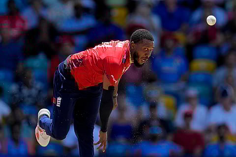 England's Chris Jordan bowls against USA